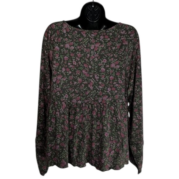 LUCKY BRAND Babydoll Top Sz L Black Pink Floral Textured Smock VNeck 100% Cotton - Picture 9 of 14